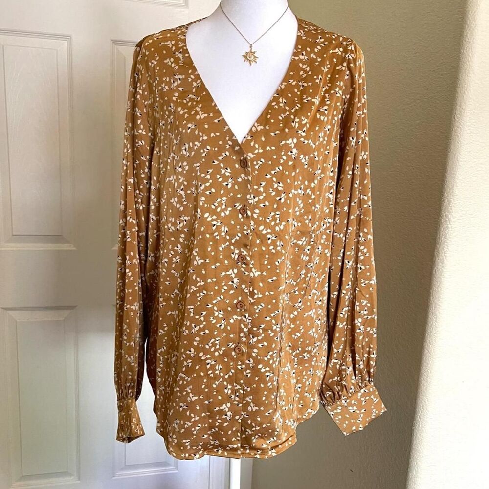 Mittoshop brown & tan blouse with white floral print - size Large